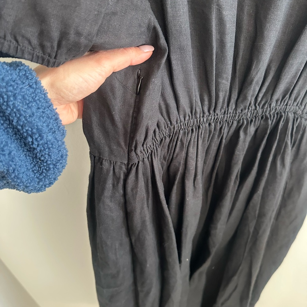 Quince maternity black linen midi dress square neckline and puff sleeves size S - Picture 7 of 11